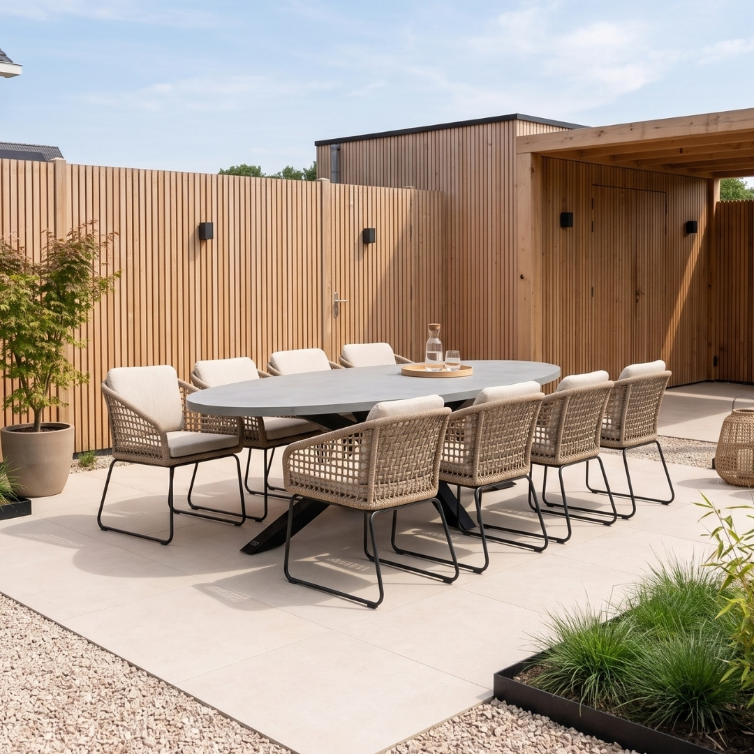Stockholm/Tulum Sahara Dust dining tuinset | 8 personen | betonlook + touw | 280cm ovaal