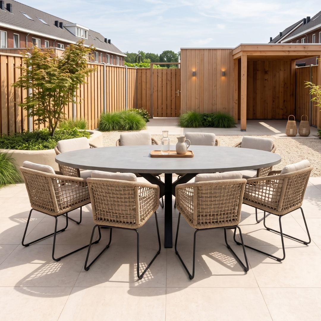 Stockholm/Tulum Sahara Dust dining tuinset | 8 personen | betonlook + touw | 280cm ovaal