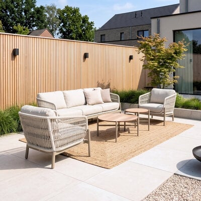 Puglia stoel-bank loungeset 5 personen incl. tafels | touw + aluminium | beige | 5-delig