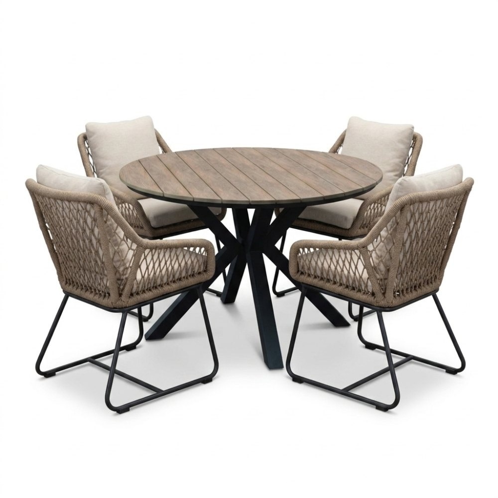 Cervo bruin/Portofino Sahara Dust dining tuinset | 4 personen | polywood + touw | 120cm rond