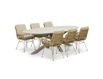 Calma/Carlos beige dining tuinset | 6 personen | sintered stone + wicker | 240cm ovaal