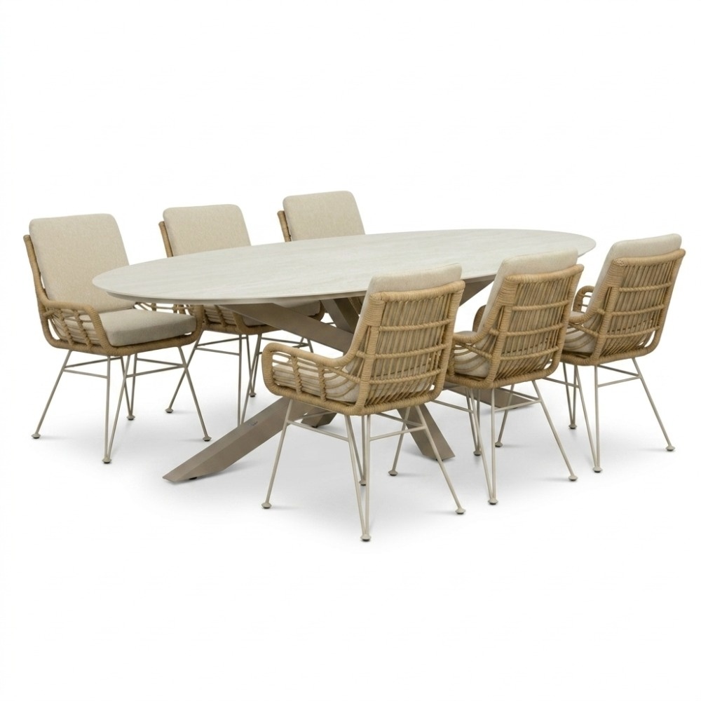 Calma/Carlos beige dining tuinset | 6 personen | sintered stone + wicker | 240cm ovaal