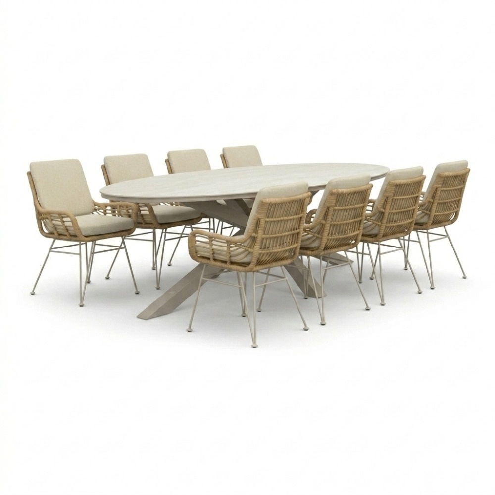 Calma/Carlos beige dining tuinset | 8 personen | sintered stone + wicker | 280cm ovaal