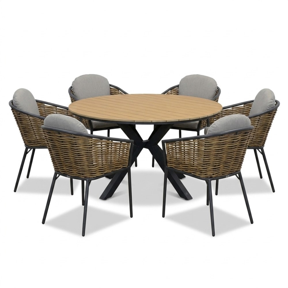 Cervo/Lucca dining tuinset | 6 personen | polywood + wicker | Ø144cm rond
