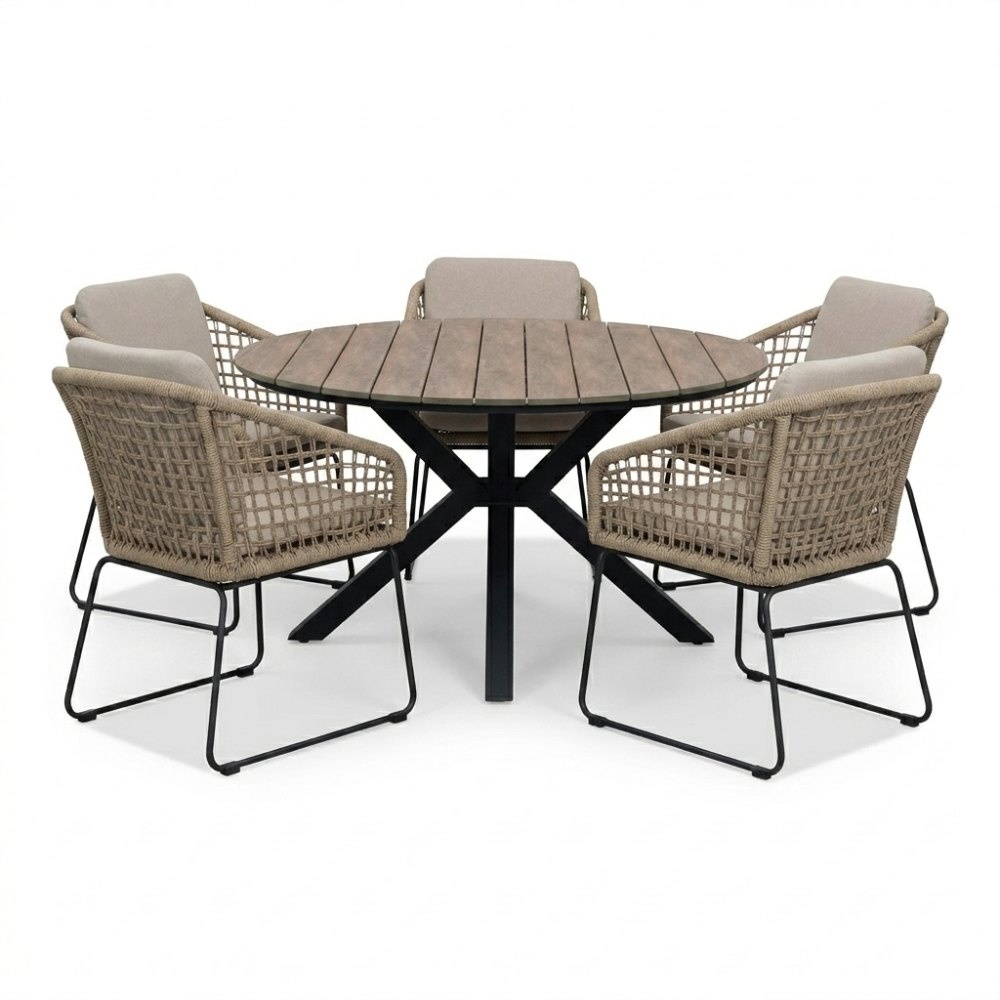 Cervo bruin/Tulum Sahara Dust dining tuinset | 5 personen | polywood + touw | 144cm rond