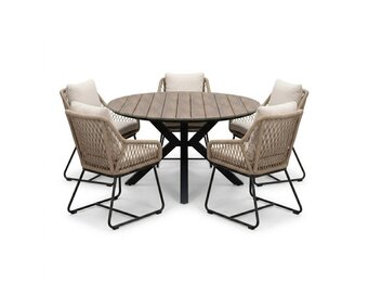 Cervo bruin/Portofino Sahara Dust dining tuinset | 5 personen | polywood + touw | 144cm rond