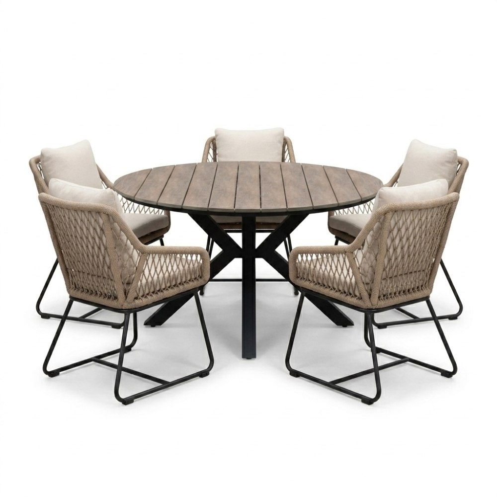 Cervo bruin/Portofino Sahara Dust dining tuinset | 5 personen | polywood + touw | 144cm rond