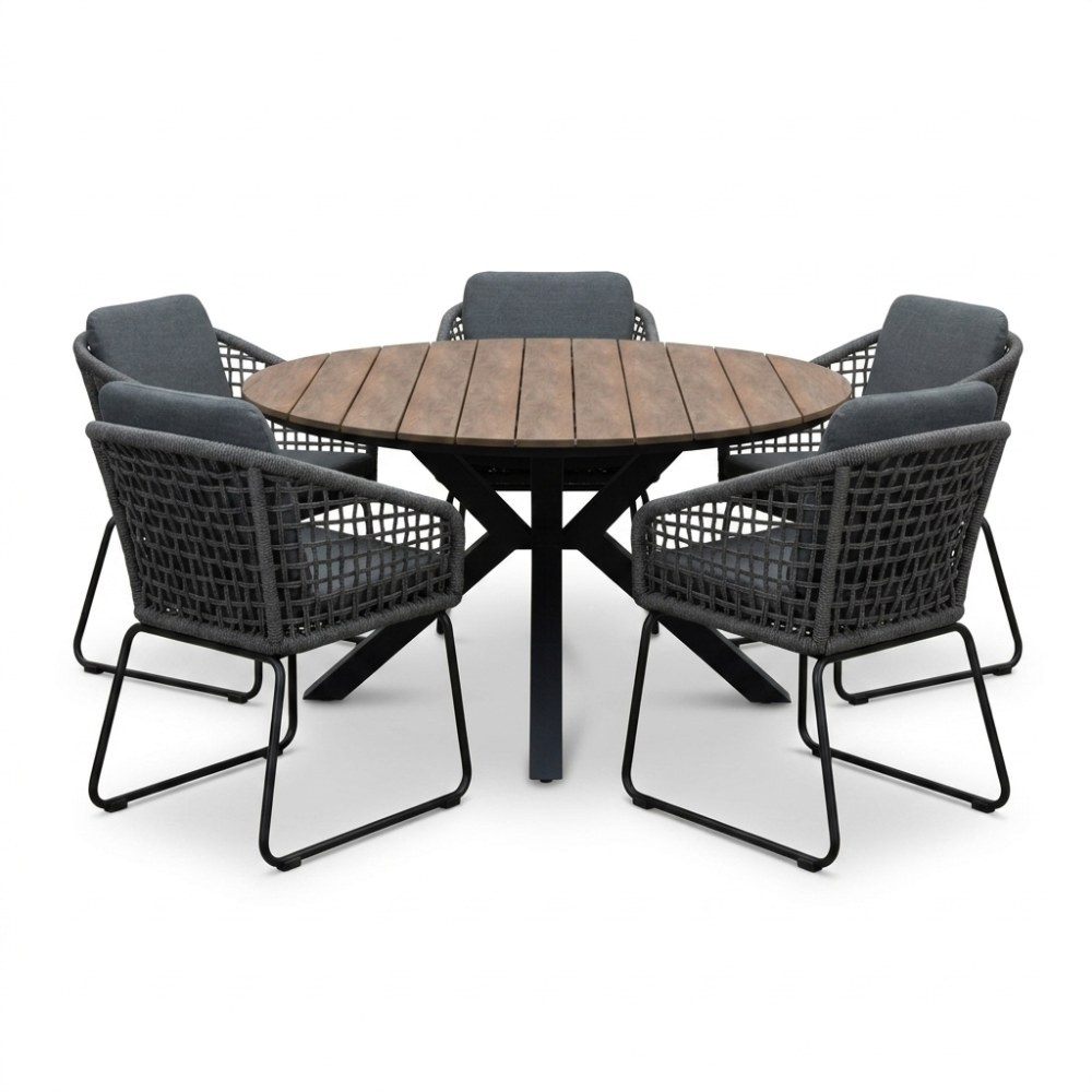 Cervo bruin/Tulum Lava Grey dining tuinset | 5 personen | polywood + touw | 144cm rond