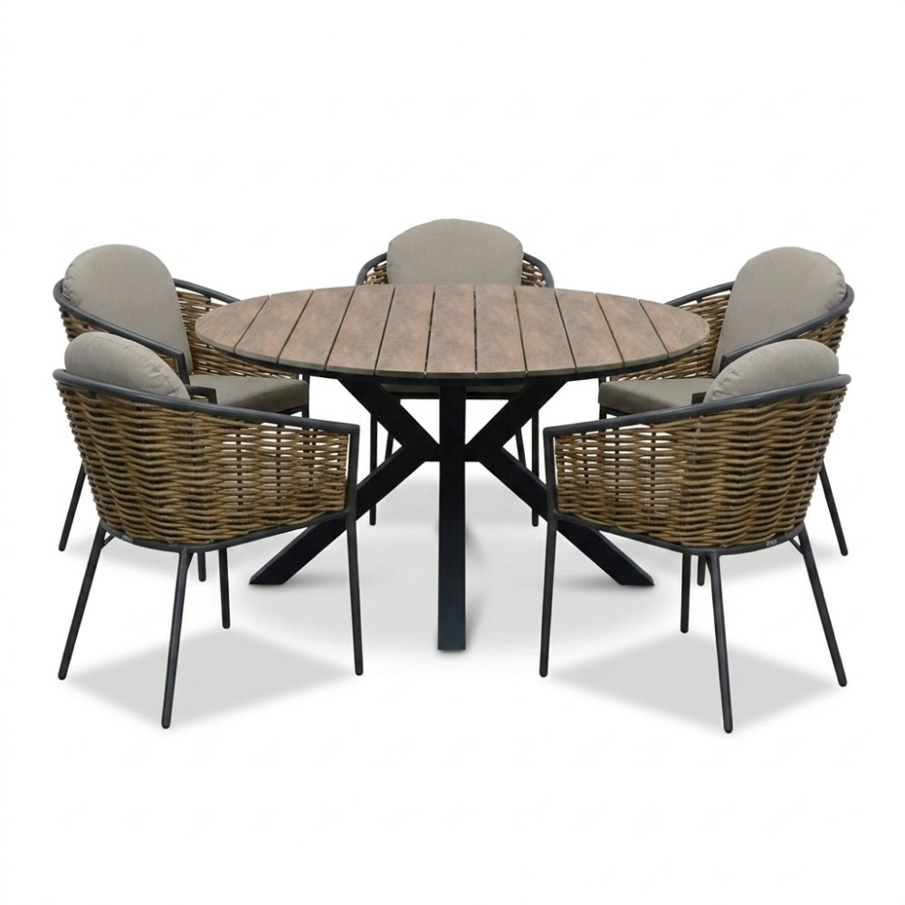 Cervo bruin/Lucca dining tuinset | 5 personen | polywood + wicker | 144cm rond