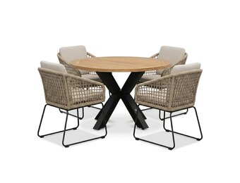 Cleve antraciet/Tulum Sahara Dust dining tuinset | 4 personen | teakhout + touw | 120cm rond