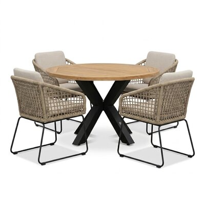 Cleve antraciet/Tulum Sahara Dust dining tuinset | 4 personen | teakhout + touw | 120cm rond