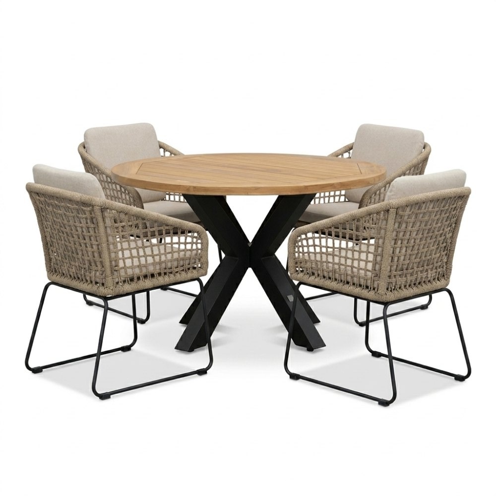 Cleve antraciet/Tulum Sahara Dust dining tuinset | 4 personen | teakhout + touw | 120cm rond