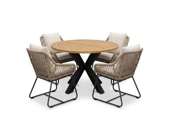 Cleve antraciet/Portofino Sahara Dust dining tuinset | 4 personen | teakhout + touw | 120cm rond