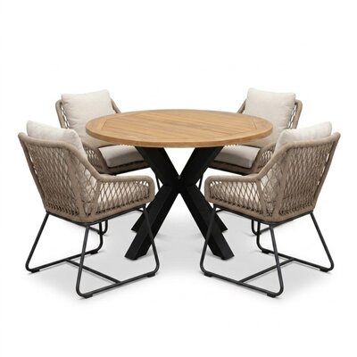 Cleve antraciet/Portofino Sahara Dust dining tuinset | 4 personen | teakhout + touw | 120cm rond