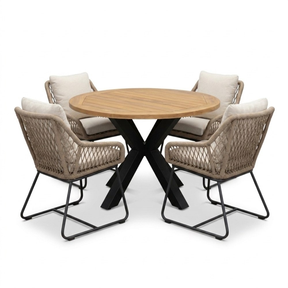 Cleve antraciet/Portofino Sahara Dust dining tuinset | 4 personen | teakhout + touw | 120cm rond