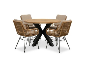 Cleve antraciet/Carlos taupe dining tuinset | 4 personen | teakhout + wicker | 120cm rond