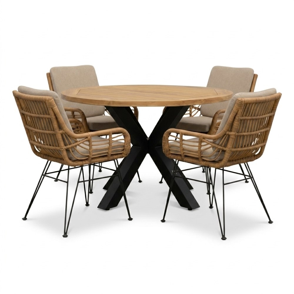 Cleve antraciet/Carlos taupe dining tuinset | 4 personen | teakhout + wicker | 120cm rond