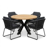 Cleve antraciet/Tulum Lava Grey dining tuinset | 4 personen | teakhout + touw | 120cm rond