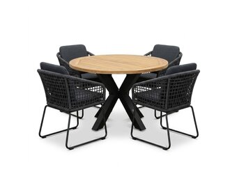 Cleve antraciet/Tulum Lava Grey dining tuinset | 4 personen | teakhout + touw | 120cm rond