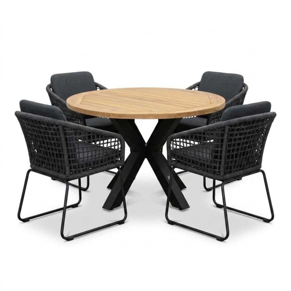 Cleve antraciet/Tulum Lava Grey dining tuinset | 4 personen | teakhout + touw | 120cm rond