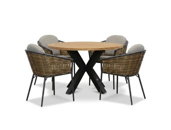 Cleve antraciet/Lucca dining tuinset | 4 personen | teakhout + wicker | 120cm rond