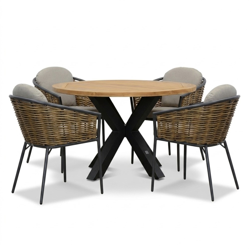 Cleve antraciet/Lucca dining tuinset | 4 personen | teakhout + wicker | 120cm rond