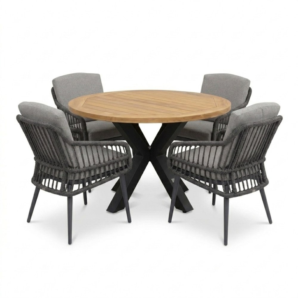 Cleve antraciet/Alicante antraciet dining tuinset | 4 personen | teakhout + wicker | 120cm rond