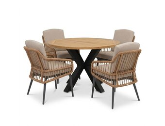 Cleve antraciet/Alicante zand dining tuinset | 4 personen | teakhout + wicker | 120cm rond