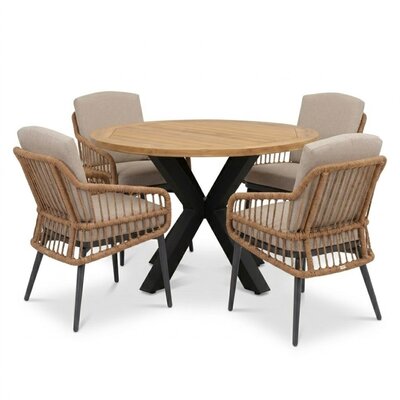 Cleve antraciet/Alicante zand dining tuinset | 4 personen | teakhout + wicker | 120cm rond