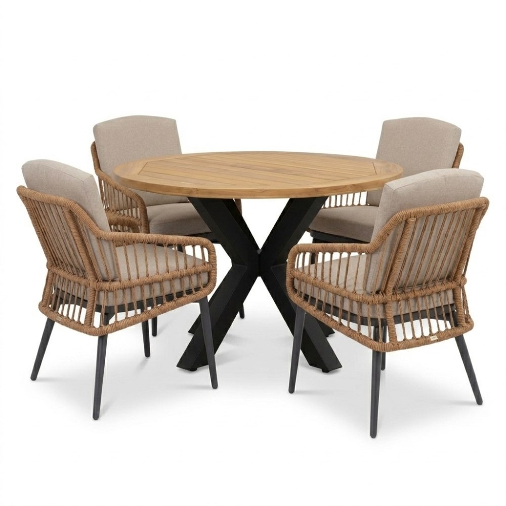 Cleve antraciet/Alicante zand dining tuinset | 4 personen | teakhout + wicker | 120cm rond
