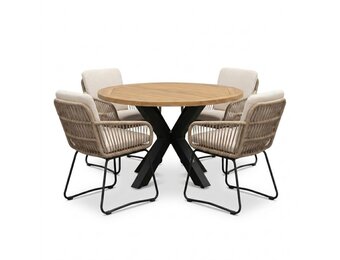 Cleve antraciet/Harper Sahara Dust dining tuinset | 4 personen | teakhout + touw | 120cm rond