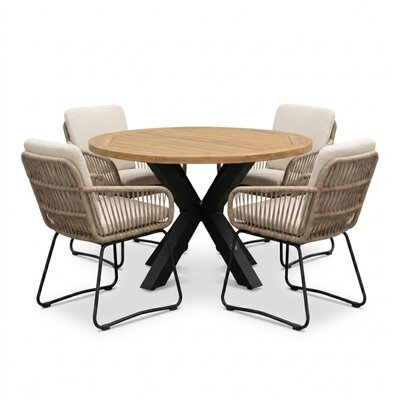 Cleve antraciet/Harper Sahara Dust dining tuinset | 4 personen | teakhout + touw | 120cm rond
