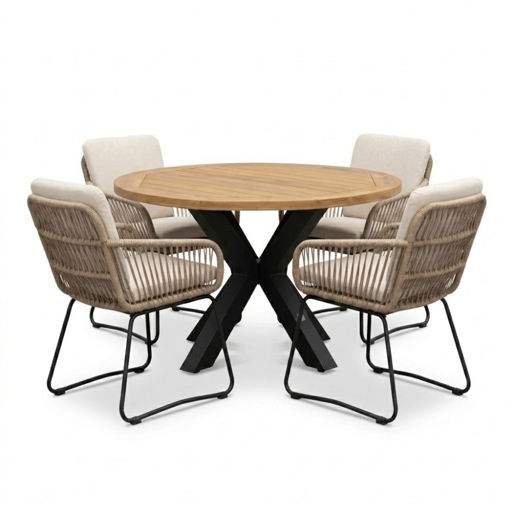 Cleve antraciet/Harper Sahara Dust dining tuinset | 4 personen | teakhout + touw | 120cm rond