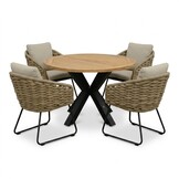 Cleve antraciet/Flora Sahara Dust dining tuinset | 4 personen | teakhout + touw | 120cm rond