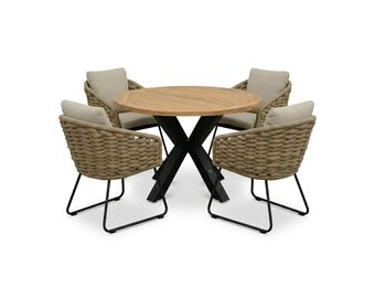 Cleve antraciet/Flora Sahara Dust dining tuinset | 4 personen | teakhout + touw | 120cm rond