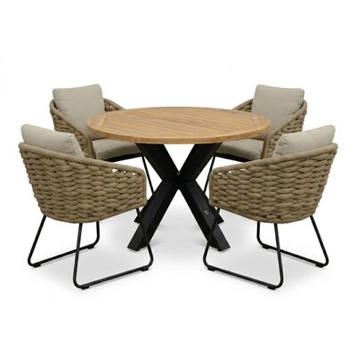 Cleve antraciet/Flora Sahara Dust dining tuinset | 4 personen | teakhout + touw | 120cm rond