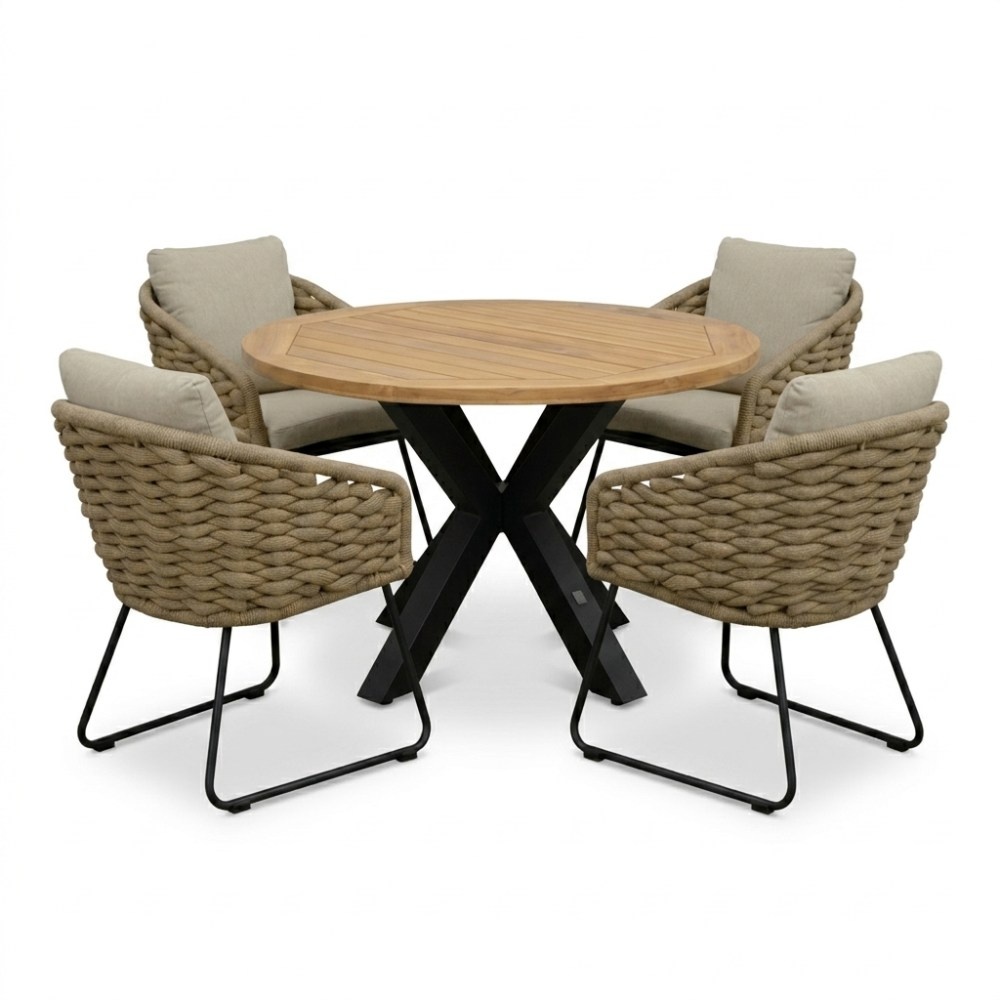 Cleve antraciet/Flora Sahara Dust dining tuinset | 4 personen | teakhout + touw | 120cm rond