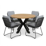 Cleve antraciet/Harper Stone Grey dining tuinset | 4 personen | teakhout + touw | 120cm rond