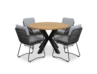 Cleve antraciet/Harper Stone Grey dining tuinset | 4 personen | teakhout + touw | 120cm rond