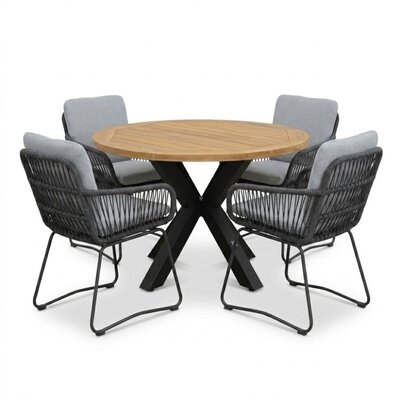 Cleve antraciet/Harper Stone Grey dining tuinset | 4 personen | teakhout + touw | 120cm rond
