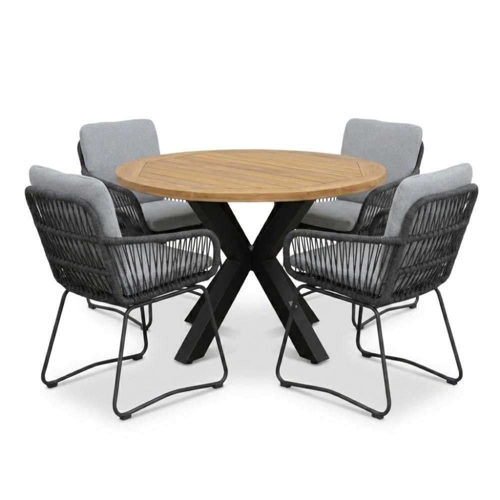 Cleve antraciet/Harper Stone Grey dining tuinset | 4 personen | teakhout + touw | 120cm rond
