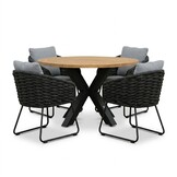 Cleve antraciet/Flora Stone Grey dining tuinset | 4 personen | teakhout + touw | 120cm rond