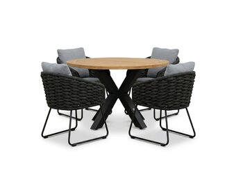 Cleve antraciet/Flora Stone Grey dining tuinset | 4 personen | teakhout + touw | 120cm rond