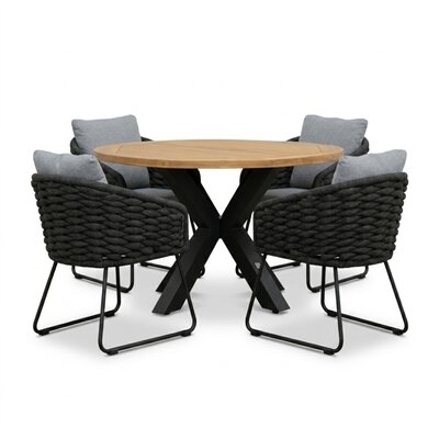Cleve antraciet/Flora Stone Grey dining tuinset | 4 personen | teakhout + touw | 120cm rond