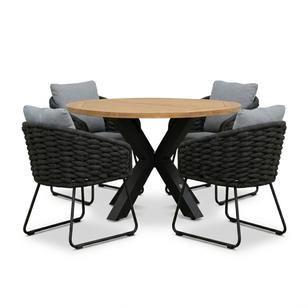 Cleve antraciet/Flora Stone Grey dining tuinset | 4 personen | teakhout + touw | 120cm rond
