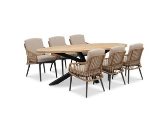Cleve antraciet/Alicante zand dining tuinset | 6 personen | teakhout + wicker | 240cm ovaal