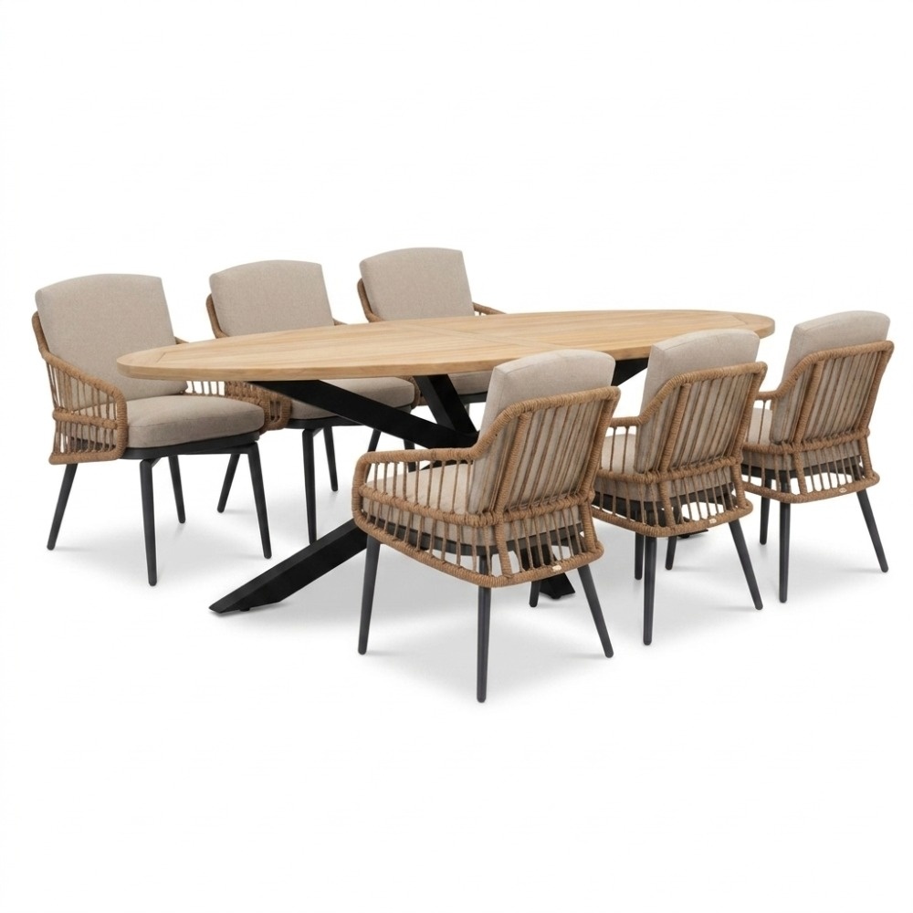 Cleve antraciet/Alicante zand dining tuinset | 6 personen | teakhout + wicker | 240cm ovaal