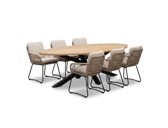 Cleve antraciet/Harper Sahara Dust dining tuinset | 6 personen | teakhout + touw | 240cm ovaal