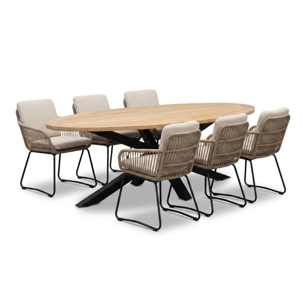 Cleve antraciet/Harper Sahara Dust dining tuinset | 6 personen | teakhout + touw | 240cm ovaal