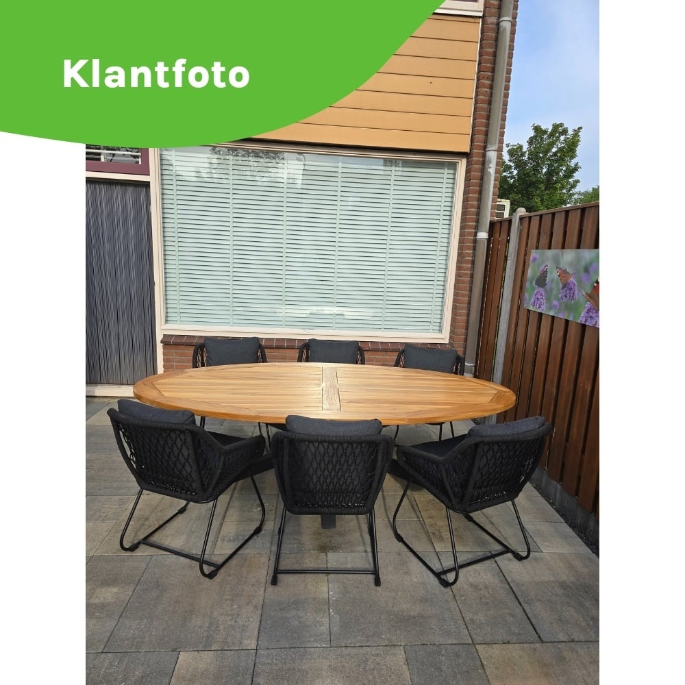 Cleve antraciet/Harper Sahara Dust dining tuinset | 6 personen | teakhout + touw | 240cm ovaal